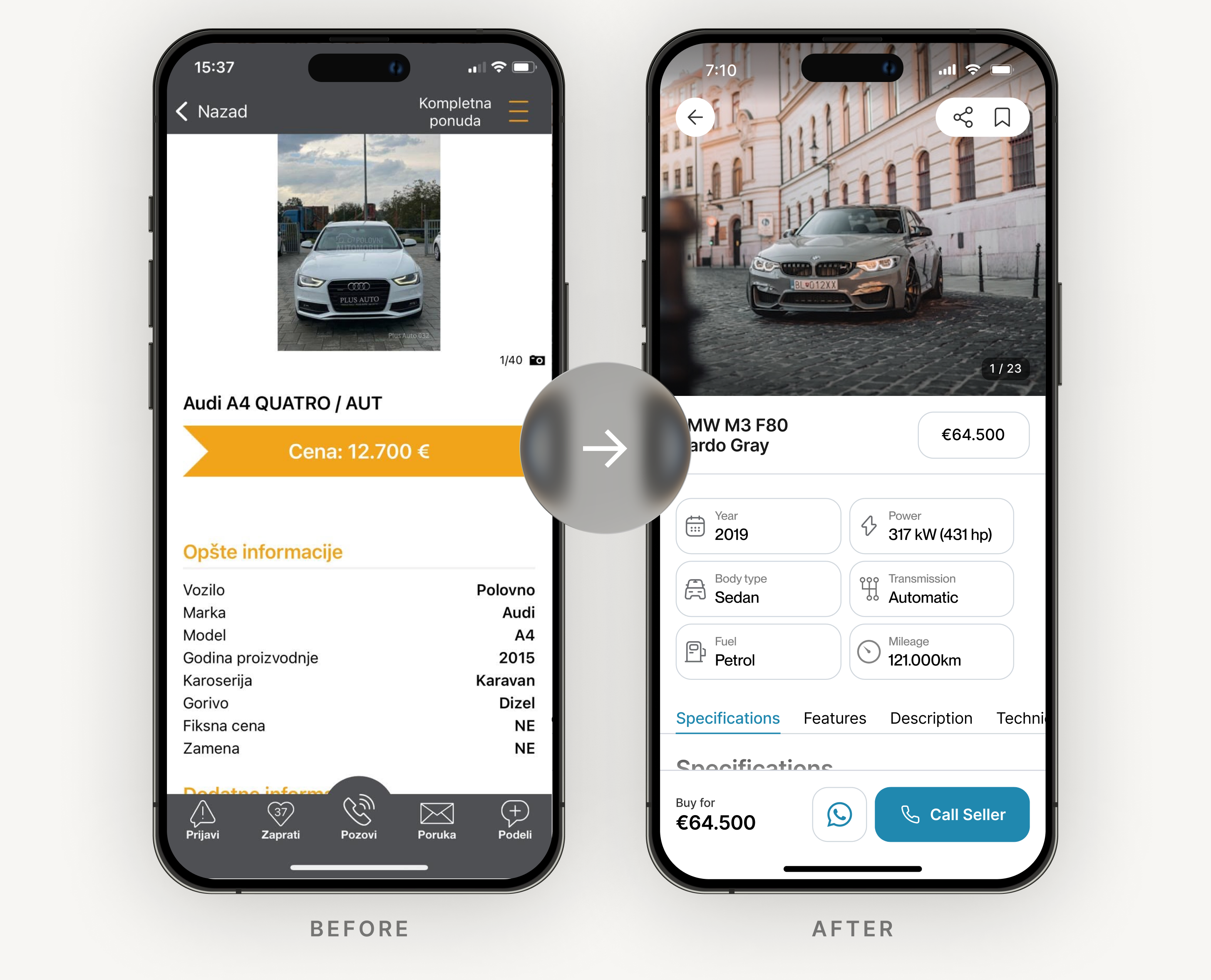 Listing card before and after the redesign